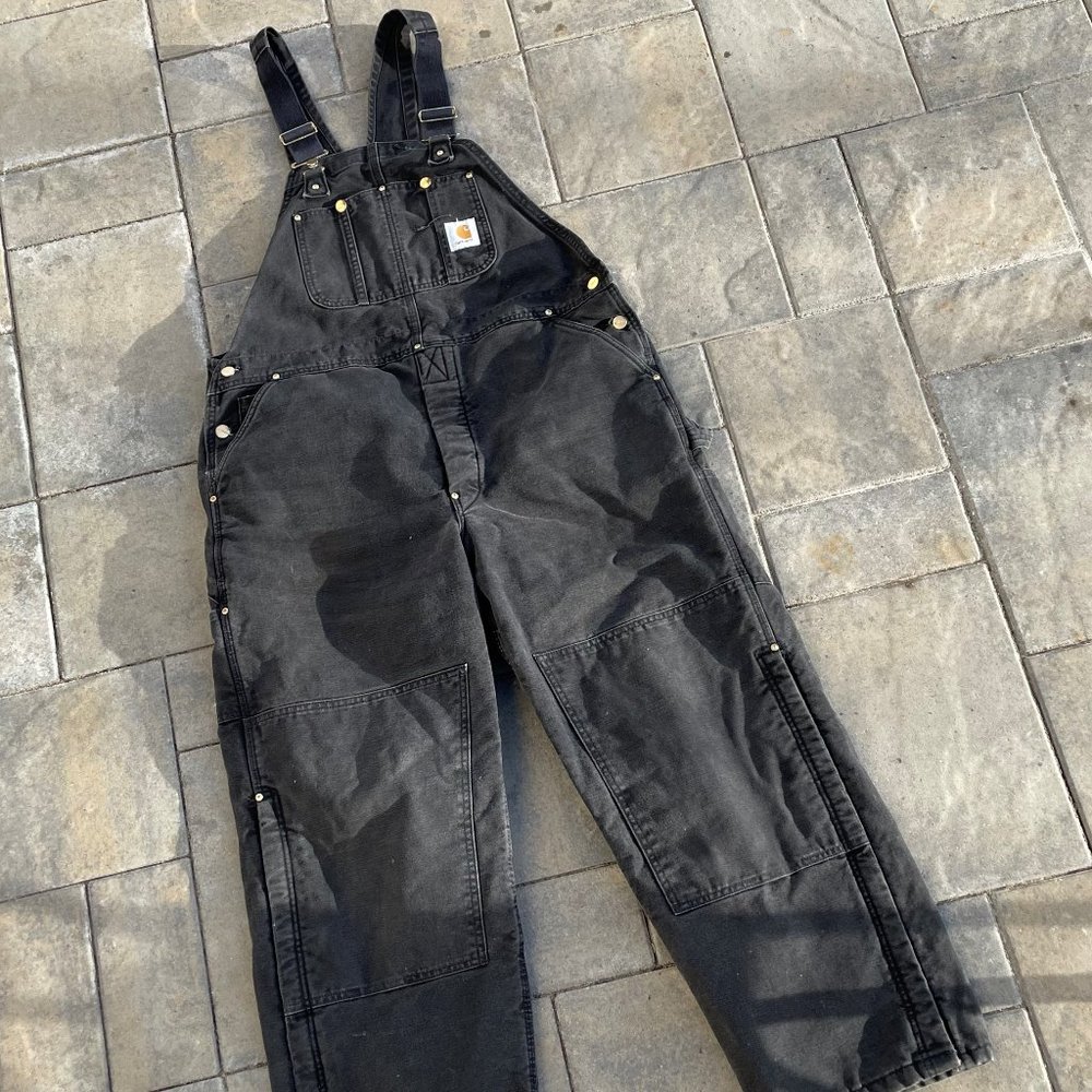 Men's Carhartt Bib Overalls Black Duck Red Quilt Lined Size 42X30 USA